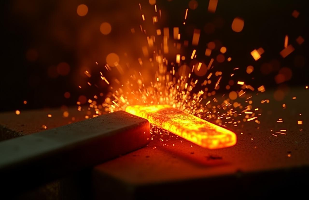 Nahaufnahme eines glühenden Metallstücks im Schmiedefeuert, Funken fliegen