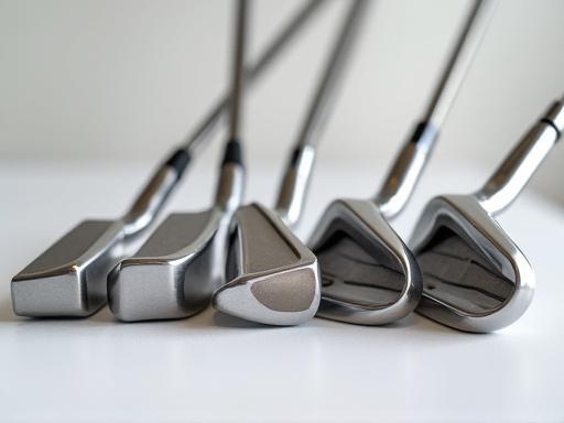 Eine Reihe von verschieden gestalteten, geschmiedeten Golf-Eisenköpfen