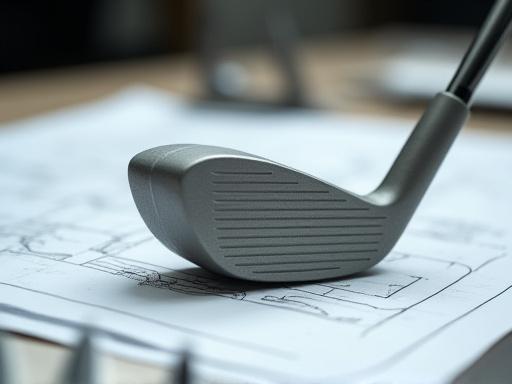 Ein roher, unpolierter Golfkopf-Prototyp neben einer technischen Zeichnung