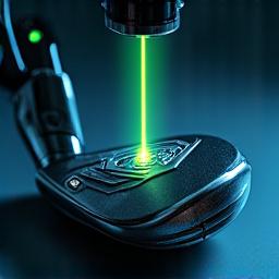 Ein Laser-Messgerät scannt die Oberfläche eines fertigen Golfkopfes