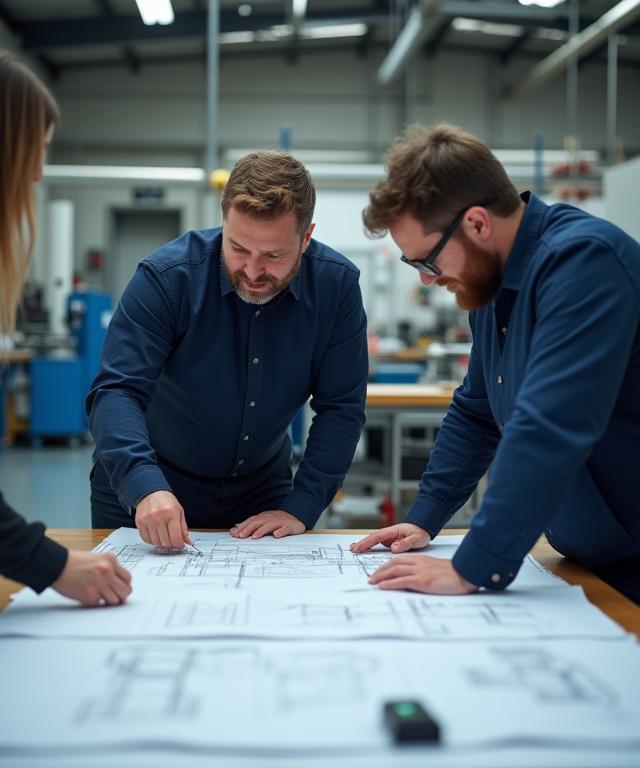 Ein Team von Ingenieuren bespricht technische Zeichnungen in einer modernen Werkstatt